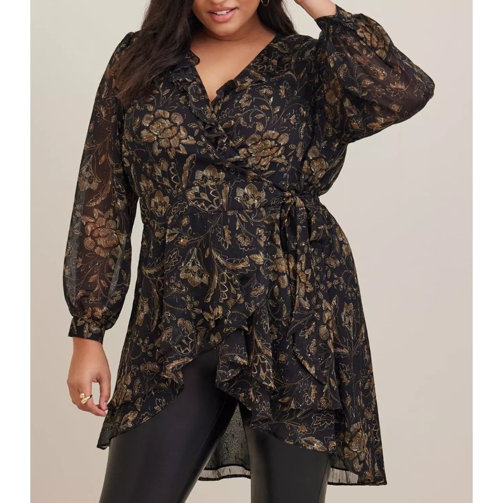 Torrid Floral Chiffon Wrap Tunic 6X Plus Metallic Ruffle Black Gold Sheer Sleeve